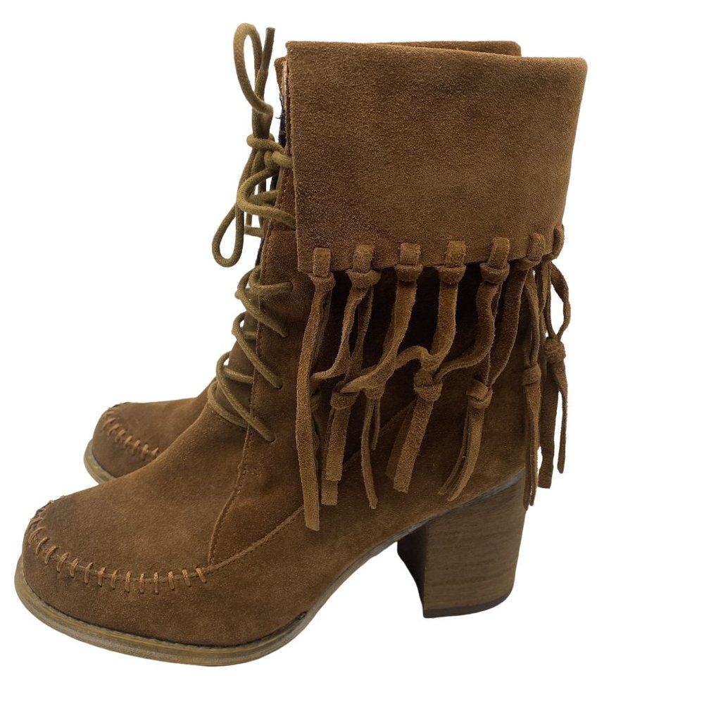 Sbicca Lace up Wagon Fringe booties size 7.9 leather brown block heel